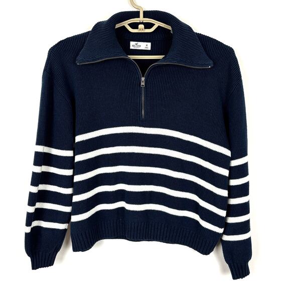 Hollister Chunky Ribbed Oversized Half Zip Sweater navy blue white stripe Medium - Picture 2 of 9